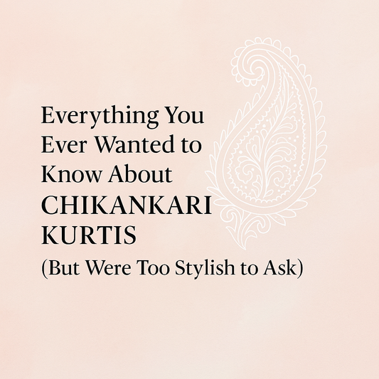 Blog cover for ‘Everything You Ever Wanted to Know About Chikankari Kurtis’ featuring pastel colors, a chikankari paisley motif, and elegant typography — representing Indian ethnic wear and the Motifs of Chikankari brand.