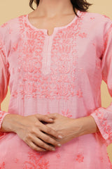 Rubaai Peach Chanderi Silk Chikankari Kurti - Inner Included